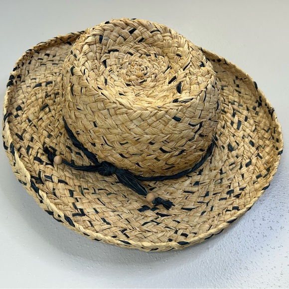 Lynn Horne Accessories - Handmade Womens M/L Woven Straw Hat with Navy Accents Beach Travel Vacation